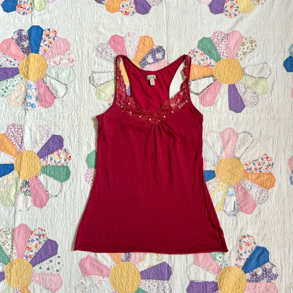 Vintage 2000s Hollister Womens Red Lace Trim Sequin babydoll Tank Top Size M